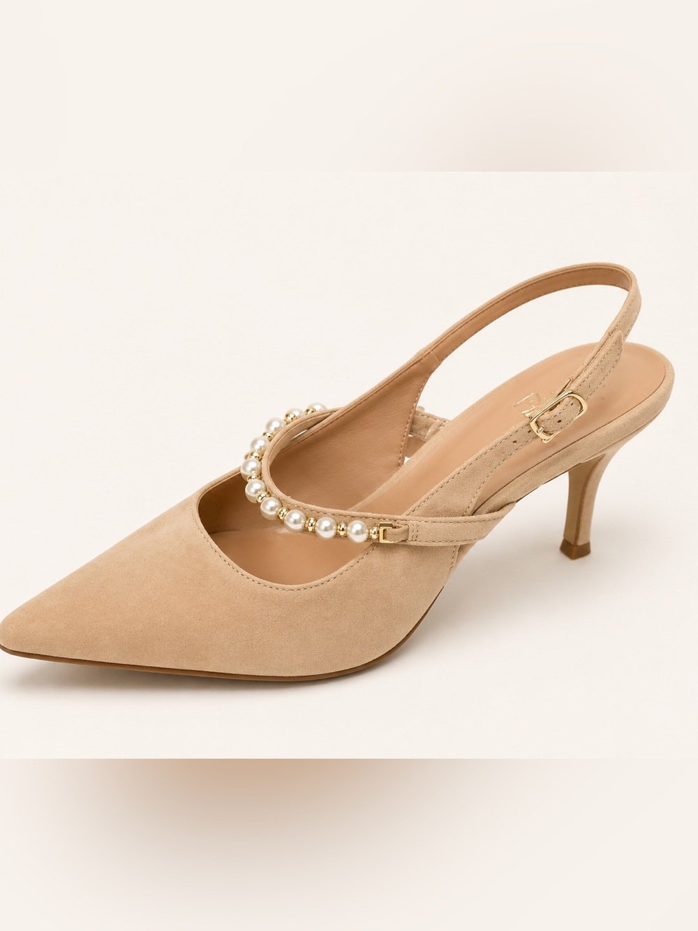 Linea Paolo -Women’s Pearl-Embellished Slingback Pumps in Beige suede and Leathe